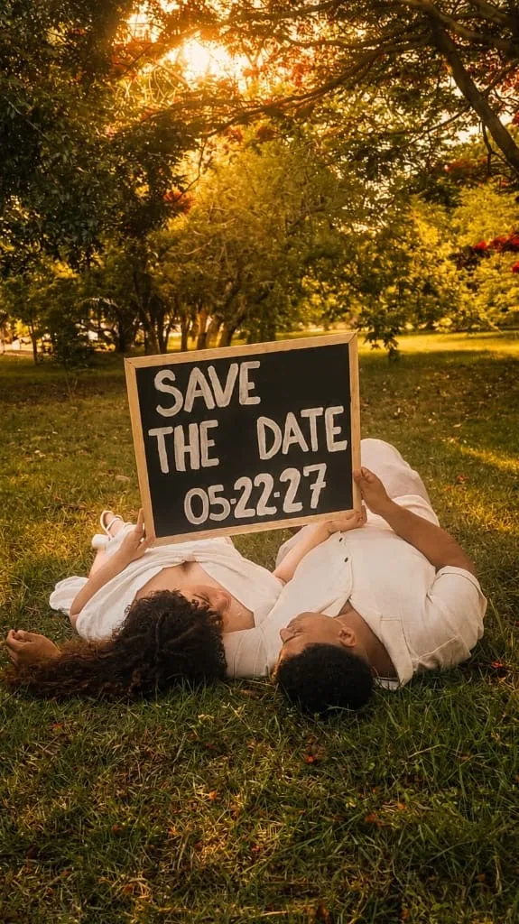 Michael y Arianne acostados en la grama, sosteniendo juntos el letrero de Save the Date